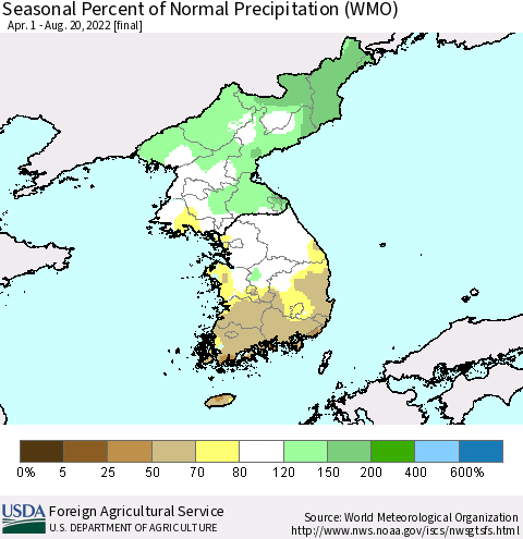 Korea Seasonal Percent of Normal Precipitation (WMO) Thematic Map For 4/1/2022 - 8/20/2022