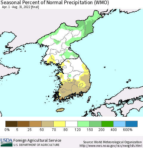 Korea Seasonal Percent of Normal Precipitation (WMO) Thematic Map For 4/1/2022 - 8/31/2022