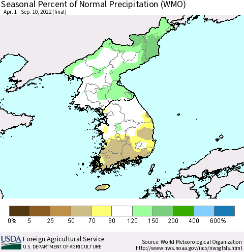 Korea Seasonal Percent of Normal Precipitation (WMO) Thematic Map For 4/1/2022 - 9/10/2022