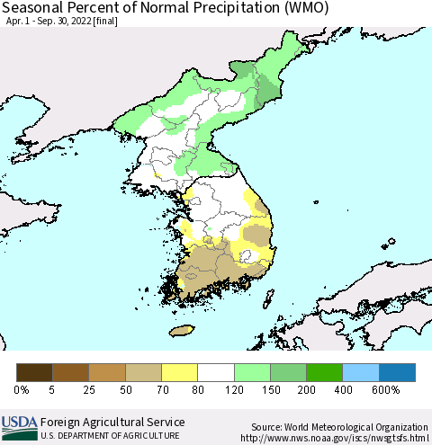 Korea Seasonal Percent of Normal Precipitation (WMO) Thematic Map For 4/1/2022 - 9/30/2022