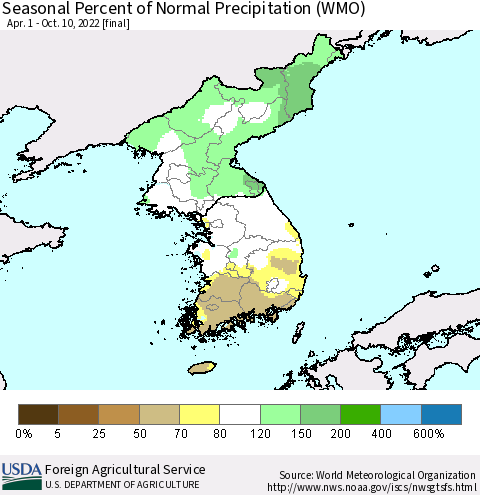 Korea Seasonal Percent of Normal Precipitation (WMO) Thematic Map For 4/1/2022 - 10/10/2022