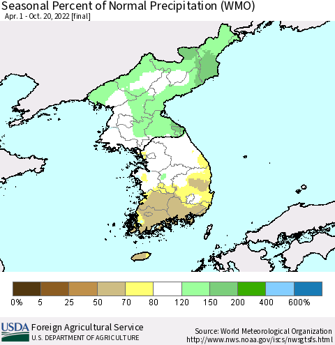 Korea Seasonal Percent of Normal Precipitation (WMO) Thematic Map For 4/1/2022 - 10/20/2022