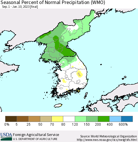 Korea Seasonal Percent of Normal Precipitation (WMO) Thematic Map For 9/1/2022 - 1/10/2023