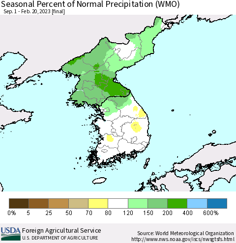 Korea Seasonal Percent of Normal Precipitation (WMO) Thematic Map For 9/1/2022 - 2/20/2023