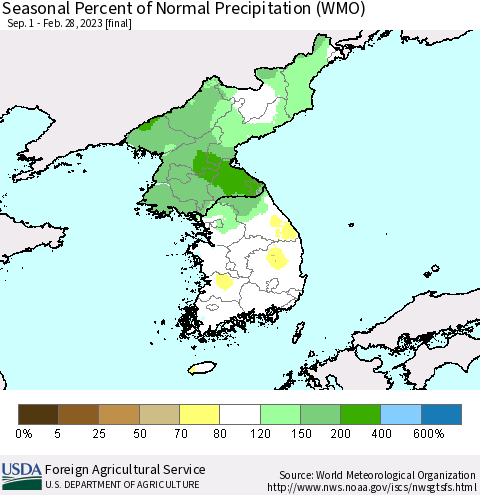 Korea Seasonal Percent of Normal Precipitation (WMO) Thematic Map For 9/1/2022 - 2/28/2023