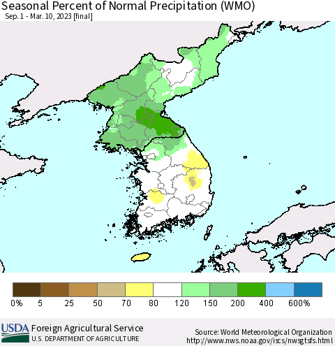 Korea Seasonal Percent of Normal Precipitation (WMO) Thematic Map For 9/1/2022 - 3/10/2023