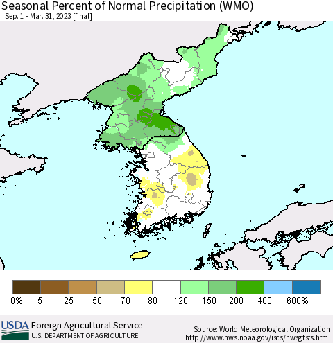 Korea Seasonal Percent of Normal Precipitation (WMO) Thematic Map For 9/1/2022 - 3/31/2023