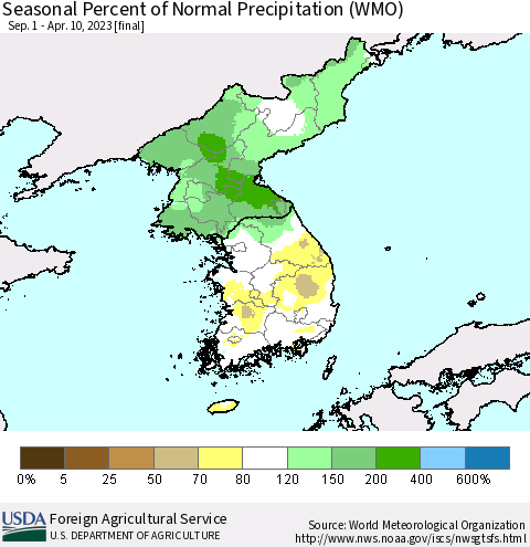 Korea Seasonal Percent of Normal Precipitation (WMO) Thematic Map For 9/1/2022 - 4/10/2023