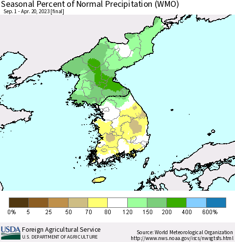 Korea Seasonal Percent of Normal Precipitation (WMO) Thematic Map For 9/1/2022 - 4/20/2023