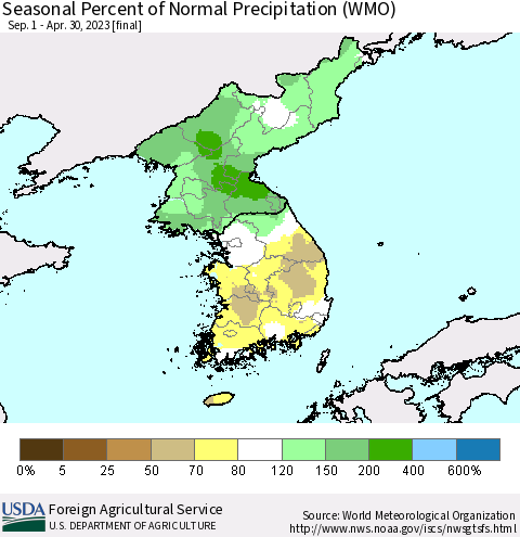 Korea Seasonal Percent of Normal Precipitation (WMO) Thematic Map For 9/1/2022 - 4/30/2023