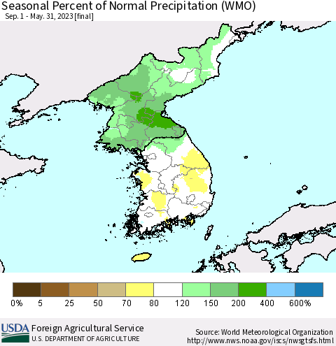 Korea Seasonal Percent of Normal Precipitation (WMO) Thematic Map For 9/1/2022 - 5/31/2023