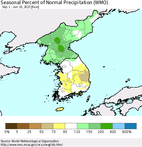 Korea Seasonal Percent of Normal Precipitation (WMO) Thematic Map For 9/1/2022 - 6/10/2023