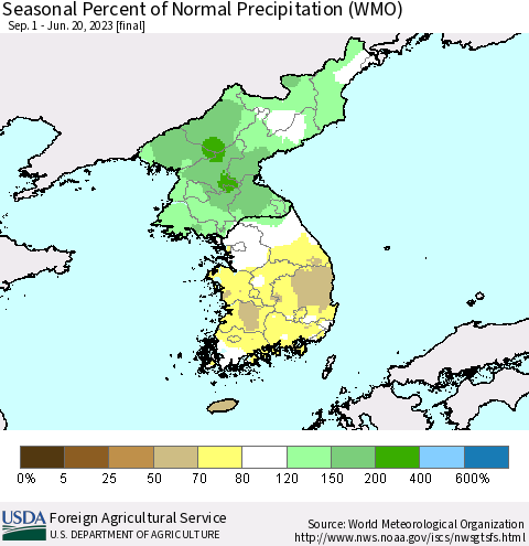 Korea Seasonal Percent of Normal Precipitation (WMO) Thematic Map For 9/1/2022 - 6/20/2023