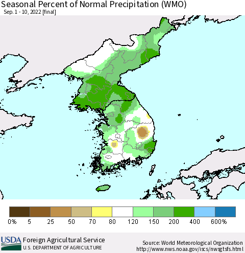 Korea Seasonal Percent of Normal Precipitation (WMO) Thematic Map For 9/1/2022 - 9/10/2022