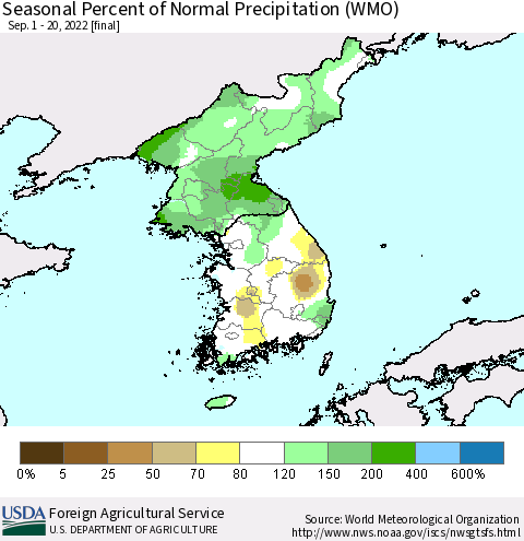Korea Seasonal Percent of Normal Precipitation (WMO) Thematic Map For 9/1/2022 - 9/20/2022