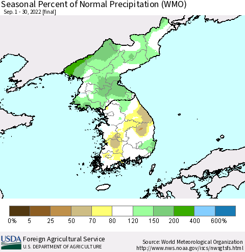 Korea Seasonal Percent of Normal Precipitation (WMO) Thematic Map For 9/1/2022 - 9/30/2022