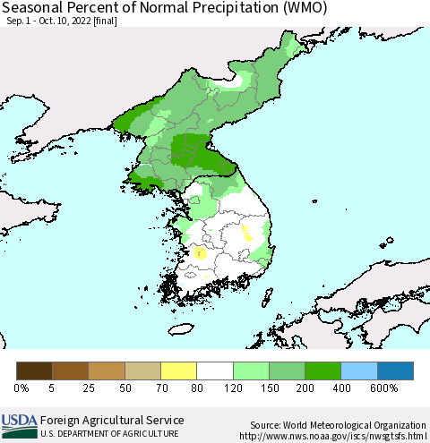 Korea Seasonal Percent of Normal Precipitation (WMO) Thematic Map For 9/1/2022 - 10/10/2022