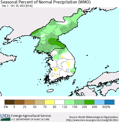 Korea Seasonal Percent of Normal Precipitation (WMO) Thematic Map For 9/1/2022 - 10/20/2022