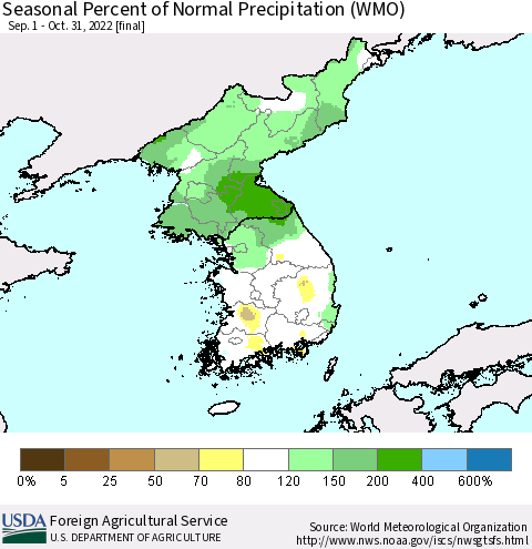 Korea Seasonal Percent of Normal Precipitation (WMO) Thematic Map For 9/1/2022 - 10/31/2022