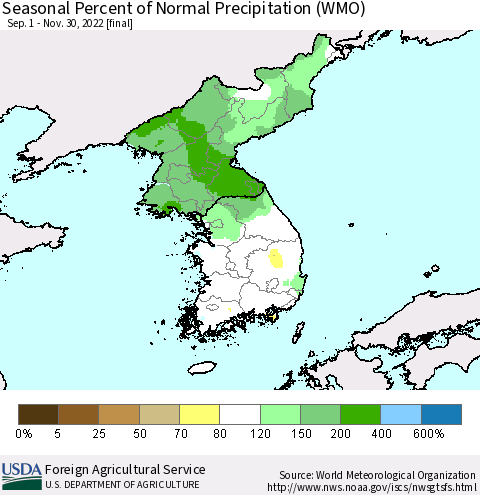 Korea Seasonal Percent of Normal Precipitation (WMO) Thematic Map For 9/1/2022 - 11/30/2022