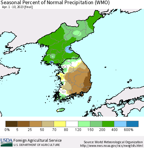 Korea Seasonal Percent of Normal Precipitation (WMO) Thematic Map For 4/1/2023 - 4/10/2023