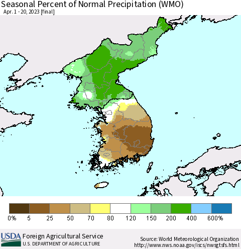 Korea Seasonal Percent of Normal Precipitation (WMO) Thematic Map For 4/1/2023 - 4/20/2023