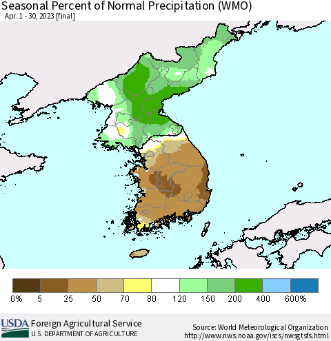 Korea Seasonal Percent of Normal Precipitation (WMO) Thematic Map For 4/1/2023 - 4/30/2023