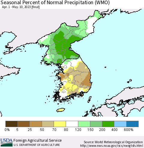 Korea Seasonal Percent of Normal Precipitation (WMO) Thematic Map For 4/1/2023 - 5/10/2023