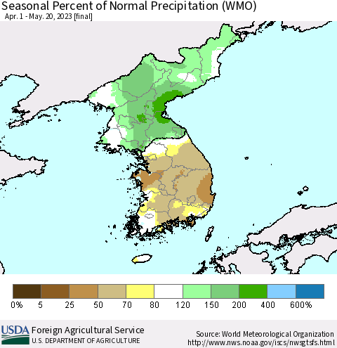 Korea Seasonal Percent of Normal Precipitation (WMO) Thematic Map For 4/1/2023 - 5/20/2023