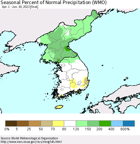 Korea Seasonal Percent of Normal Precipitation (WMO) Thematic Map For 4/1/2023 - 6/30/2023