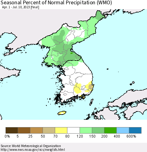 Korea Seasonal Percent of Normal Precipitation (WMO) Thematic Map For 4/1/2023 - 7/10/2023