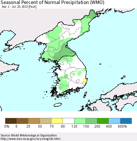 Korea Seasonal Percent of Normal Precipitation (WMO) Thematic Map For 4/1/2023 - 7/20/2023
