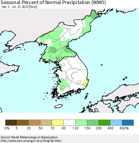 Korea Seasonal Percent of Normal Precipitation (WMO) Thematic Map For 4/1/2023 - 7/31/2023