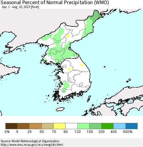 Korea Seasonal Percent of Normal Precipitation (WMO) Thematic Map For 4/1/2023 - 8/10/2023