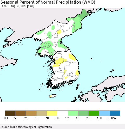 Korea Seasonal Percent of Normal Precipitation (WMO) Thematic Map For 4/1/2023 - 8/20/2023