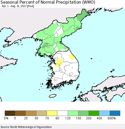 Korea Seasonal Percent of Normal Precipitation (WMO) Thematic Map For 4/1/2023 - 8/31/2023