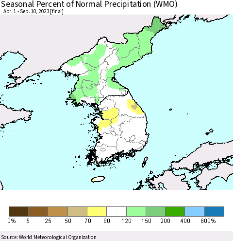 Korea Seasonal Percent of Normal Precipitation (WMO) Thematic Map For 4/1/2023 - 9/10/2023
