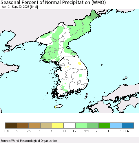 Korea Seasonal Percent of Normal Precipitation (WMO) Thematic Map For 4/1/2023 - 9/20/2023