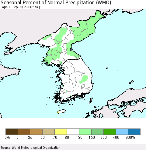 Korea Seasonal Percent of Normal Precipitation (WMO) Thematic Map For 4/1/2023 - 9/30/2023