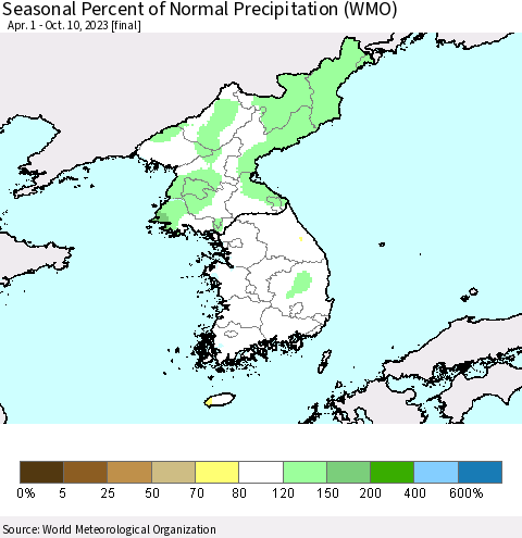 Korea Seasonal Percent of Normal Precipitation (WMO) Thematic Map For 4/1/2023 - 10/10/2023