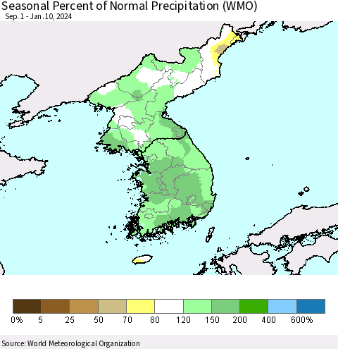 Korea Seasonal Percent of Normal Precipitation (WMO) Thematic Map For 9/1/2023 - 1/10/2024