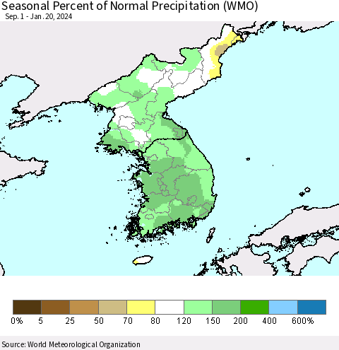 Korea Seasonal Percent of Normal Precipitation (WMO) Thematic Map For 9/1/2023 - 1/20/2024