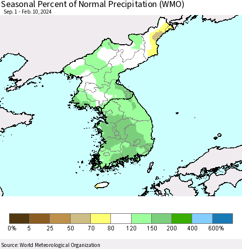 Korea Seasonal Percent of Normal Precipitation (WMO) Thematic Map For 9/1/2023 - 2/10/2024