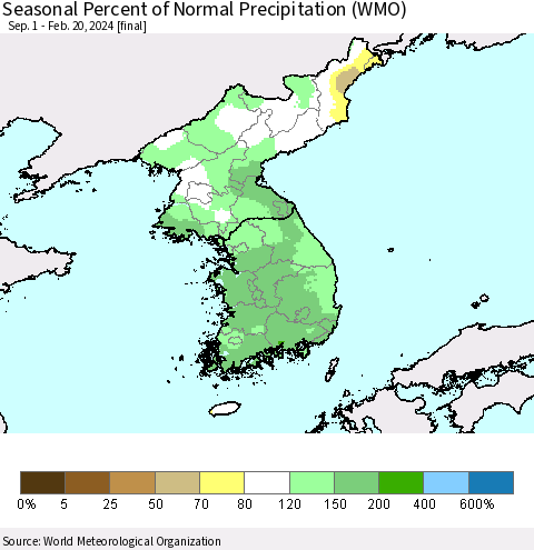 Korea Seasonal Percent of Normal Precipitation (WMO) Thematic Map For 9/1/2023 - 2/20/2024