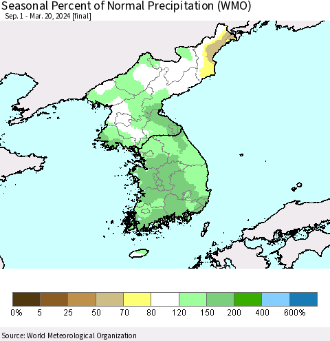 Korea Seasonal Percent of Normal Precipitation (WMO) Thematic Map For 9/1/2023 - 3/20/2024