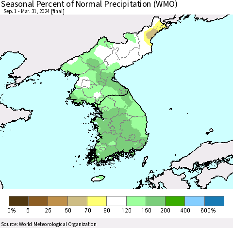 Korea Seasonal Percent of Normal Precipitation (WMO) Thematic Map For 9/1/2023 - 3/31/2024
