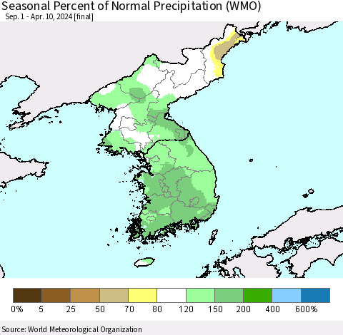Korea Seasonal Percent of Normal Precipitation (WMO) Thematic Map For 9/1/2023 - 4/10/2024