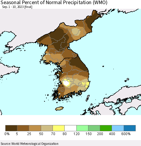Korea Seasonal Percent of Normal Precipitation (WMO) Thematic Map For 9/1/2023 - 9/10/2023