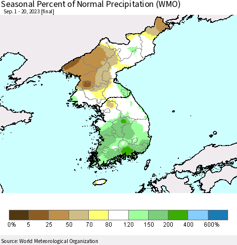 Korea Seasonal Percent of Normal Precipitation (WMO) Thematic Map For 9/1/2023 - 9/20/2023
