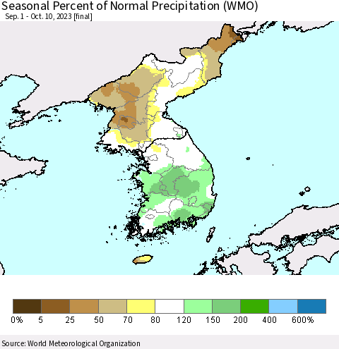 Korea Seasonal Percent of Normal Precipitation (WMO) Thematic Map For 9/1/2023 - 10/10/2023